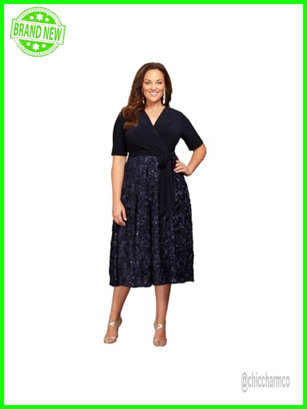 Women's Tea Length A-line Rosette Dress Midi V-Neck Party Sequin Detail